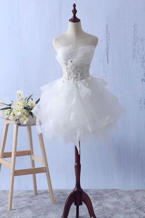 Mini Ruffles Strapless Short Homecoming Lace Appliques Graduation Dress