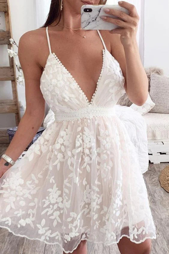 White chiffon lace short ball dress mini party dress