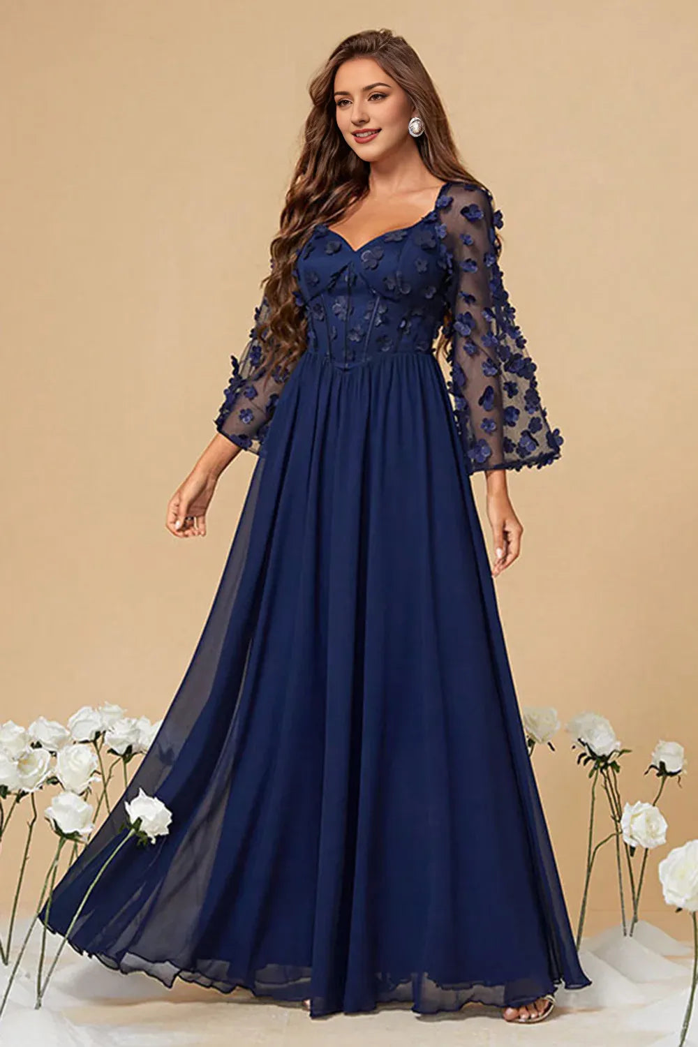 Navy Chiffon Mother Of The Bride Dress with Flowers