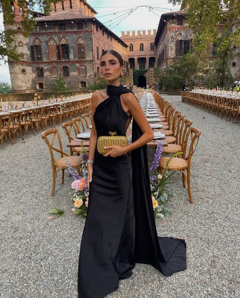 Long neck hanging ball gown and evening gown