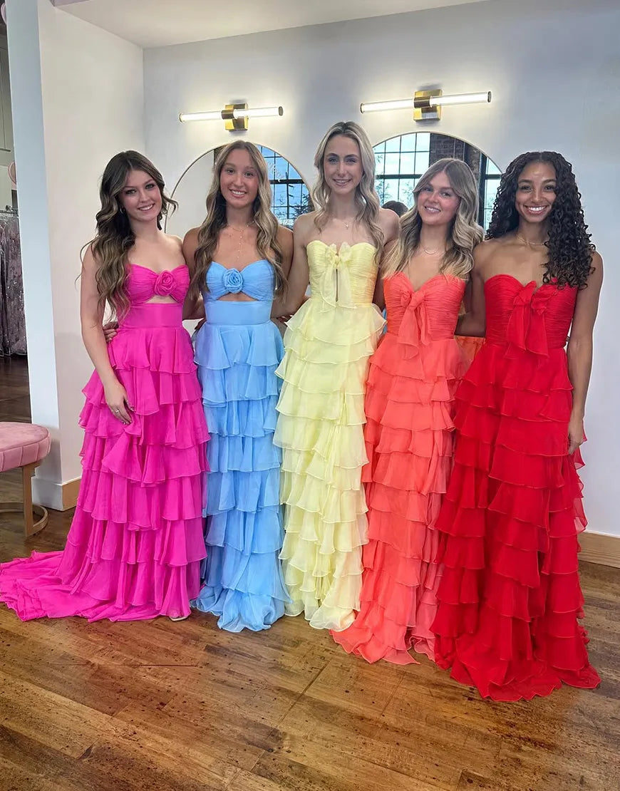 Fashion A-line strapless pleated bow chiffon long ball skirt