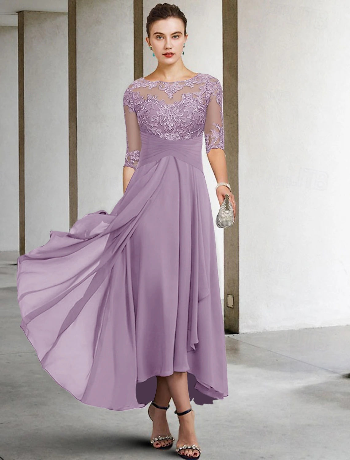 A-Line Mother of the Bride Dress Wedding Guest Elegant Plus Size High Low V Neck Asymmetrical Ankle Length Chiffon Lace Half Sleeve with Beading Appliques