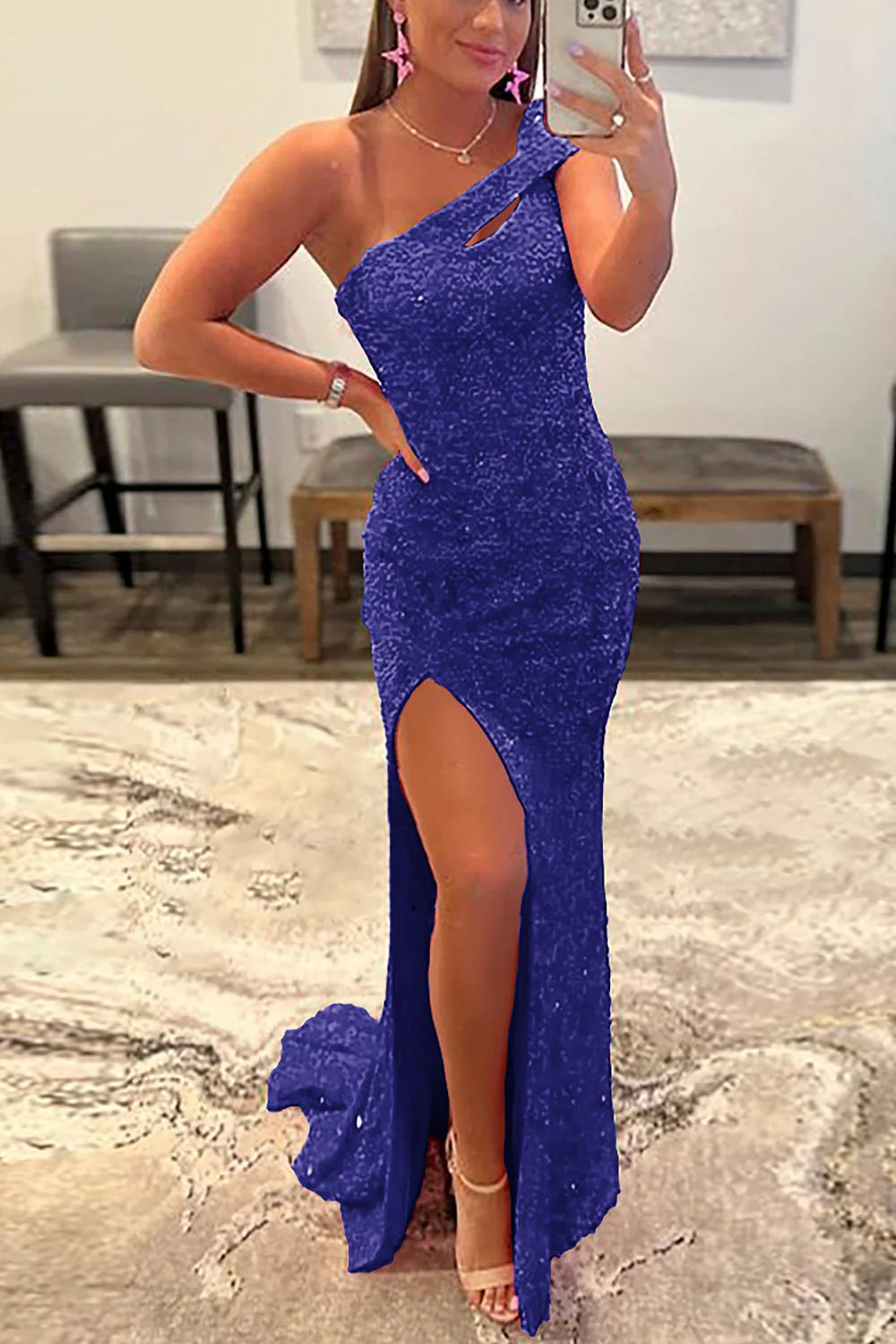 Pink long shoulder slit sequin dance dress