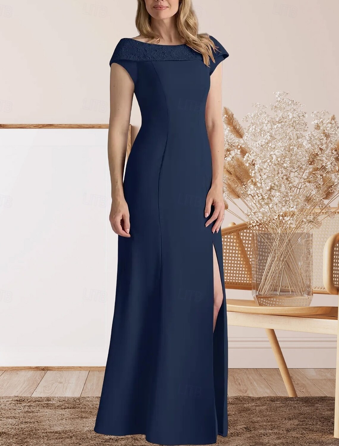 Mermaid / Trumpet Mother of the Bride Dress Wedding Guest Elegant Sweet Crew Neck Floor Length Lace Stretch Fabric Cap Sleeve with Lace Split Front