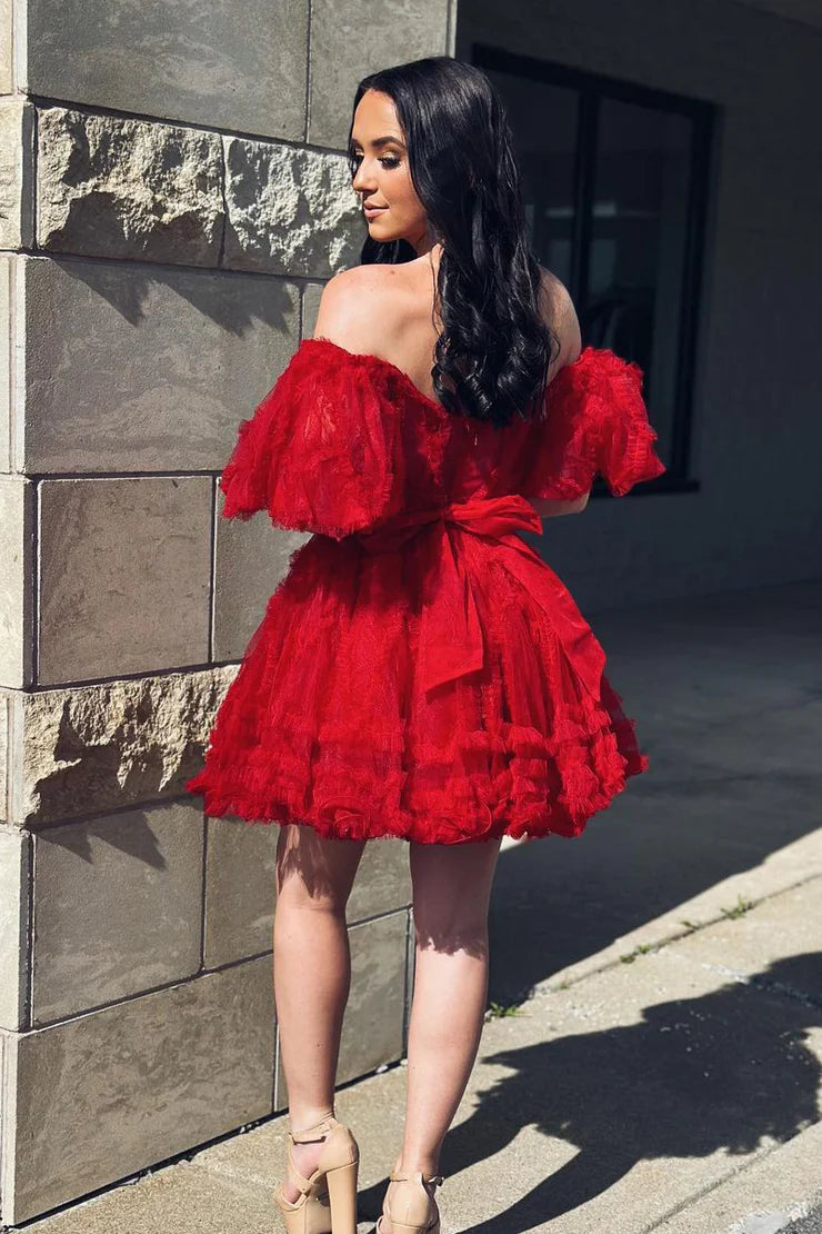 A Line Off the Shoulder Red Tulle Short Homecoming Dresses