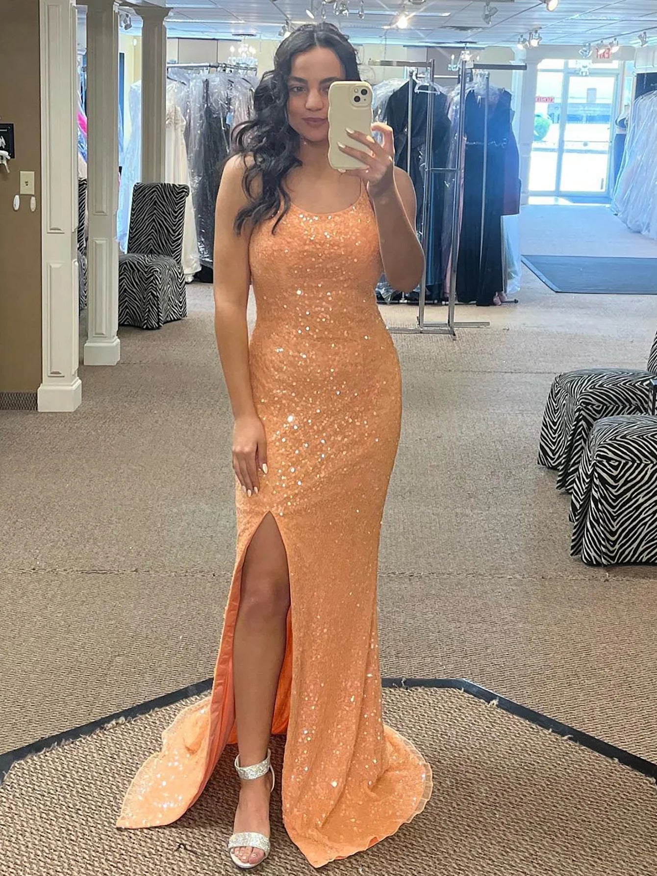 Orange suspender sequin long ball dress with round cross back