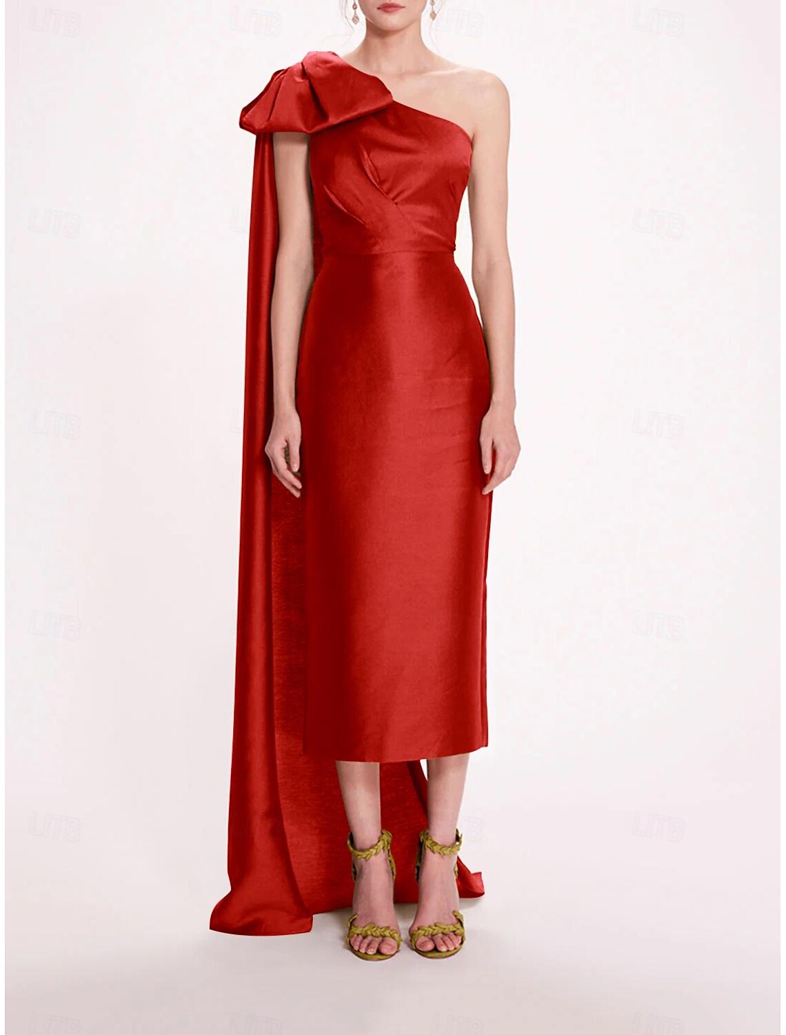 Sheath Evening Gown Elegant Dress Formal Wedding Guest Ankle Length Sleeveless One Shoulder Belt / Sash Satin with Bow