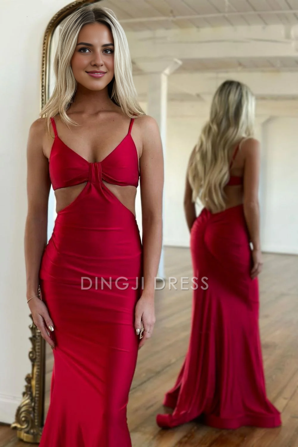 DingJiDress Stylish Mermaid Spaghetti Straps Long Backless Satin Fashion Simple Prom Dress