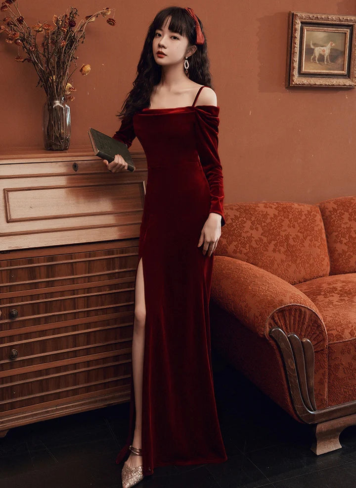 Elegant Wine Red Long Sleeves Mermaid Party DressWine Red Long Prom Dress