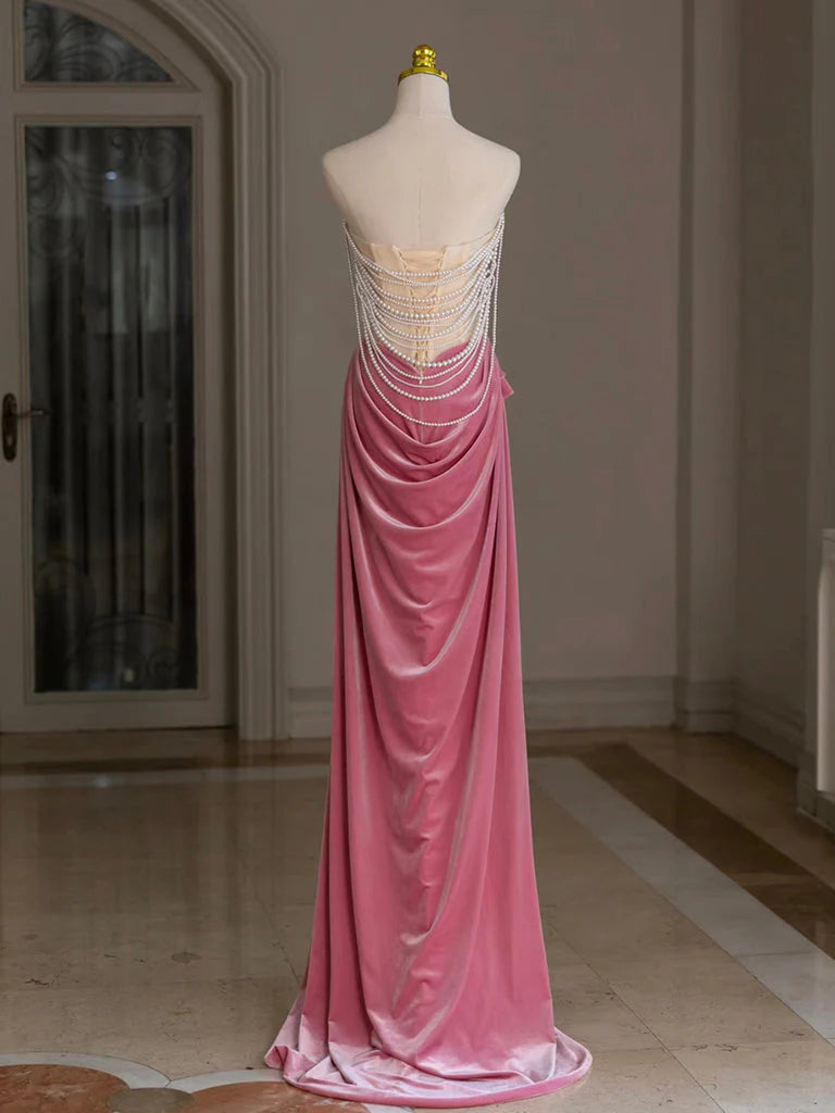 Pink Mermaid Velvet Beads Long Prom Dress Pink Long Formal Dress