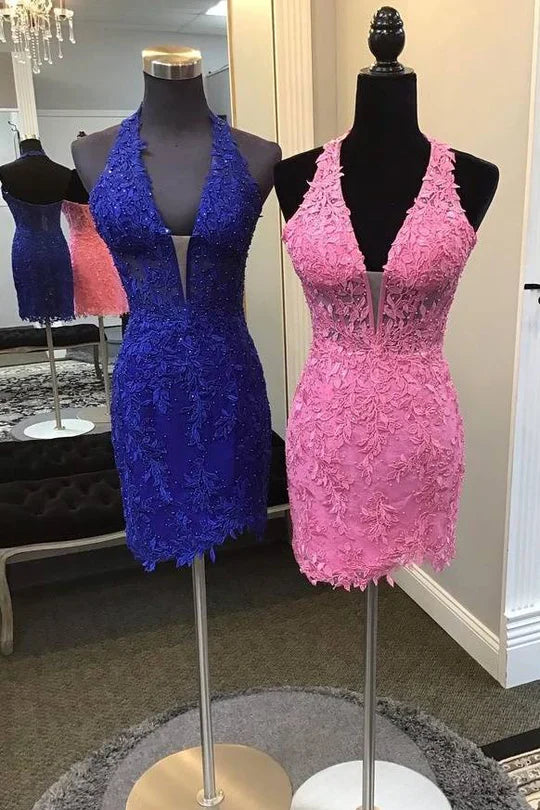 DingJiDress Homecoming Dress Pink Halter Applique Beaed Tight Graduation Dresses