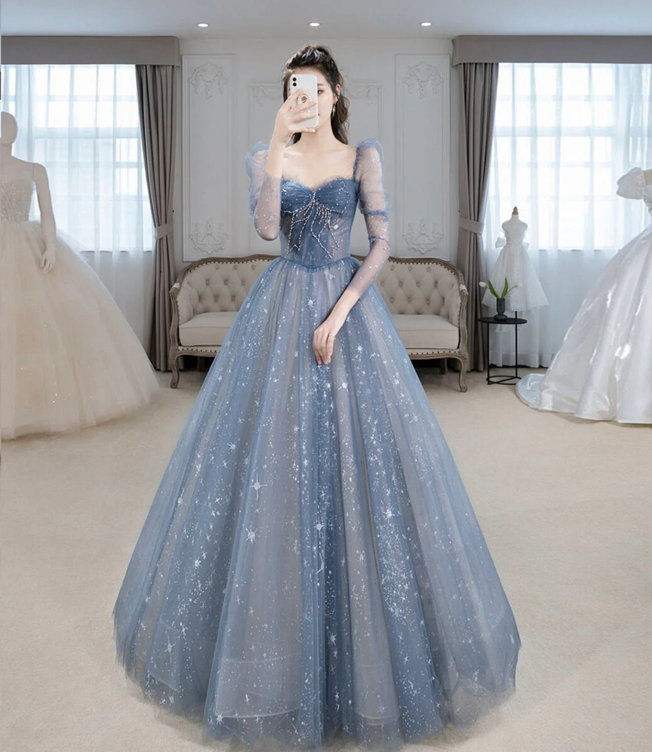 BLUE TULLE BEADS LONG PROM DRESS BLUE EVENING DRESS