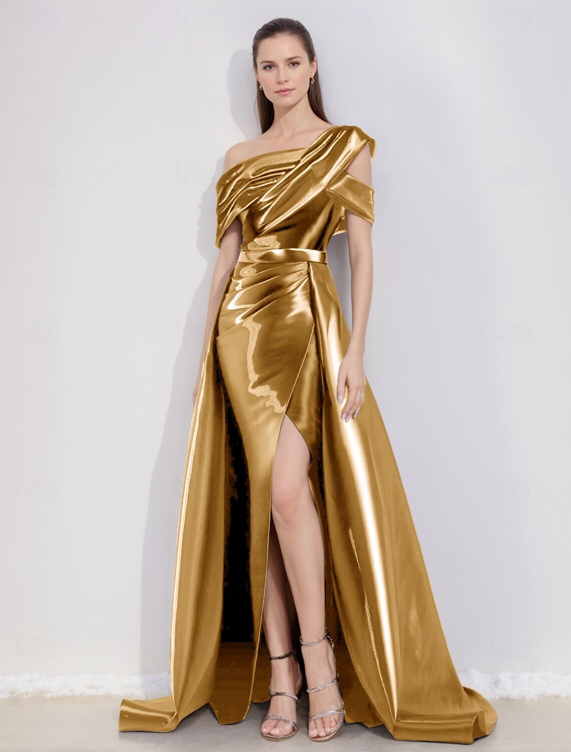 A-Line Evening Gown Elegant Dress Formal Floor Length Short Sleeve One Shoulder Pocket Satin with Glitter