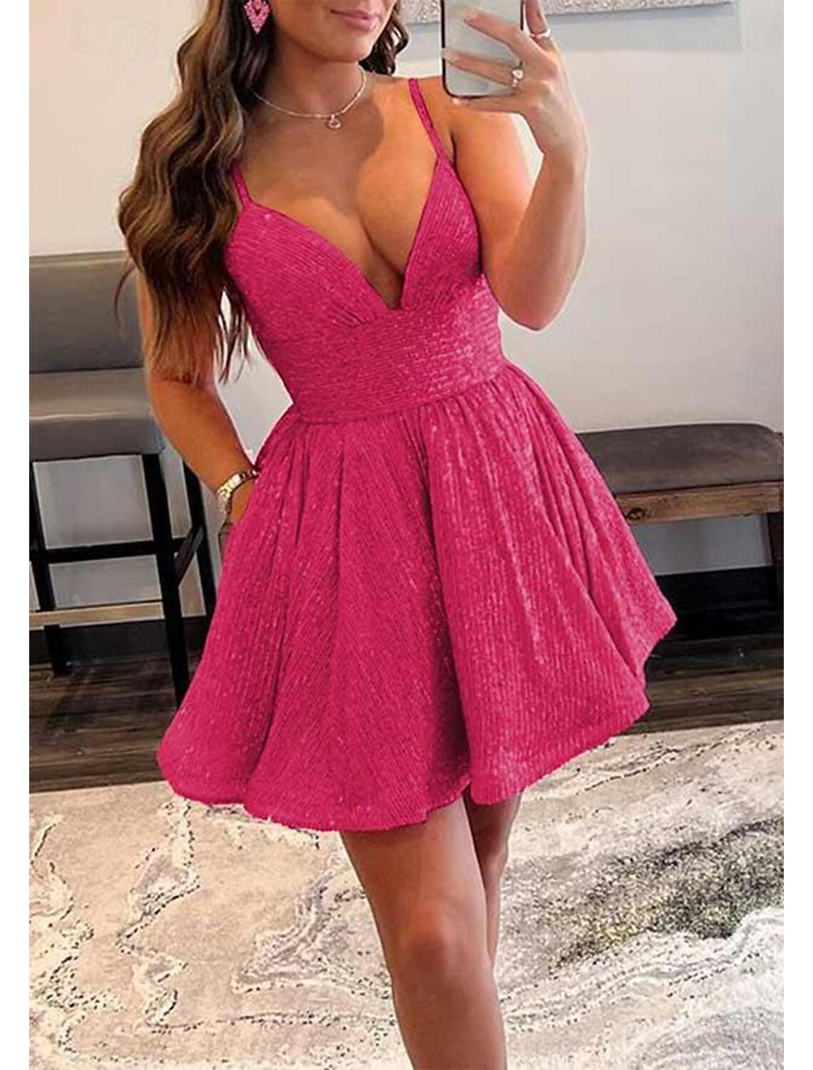 A-Line Homecoming Dresses Party Dress Holiday Graduation Short / Mini Sleeveless Spaghetti Strap Pink Dress Sequined with Glitter