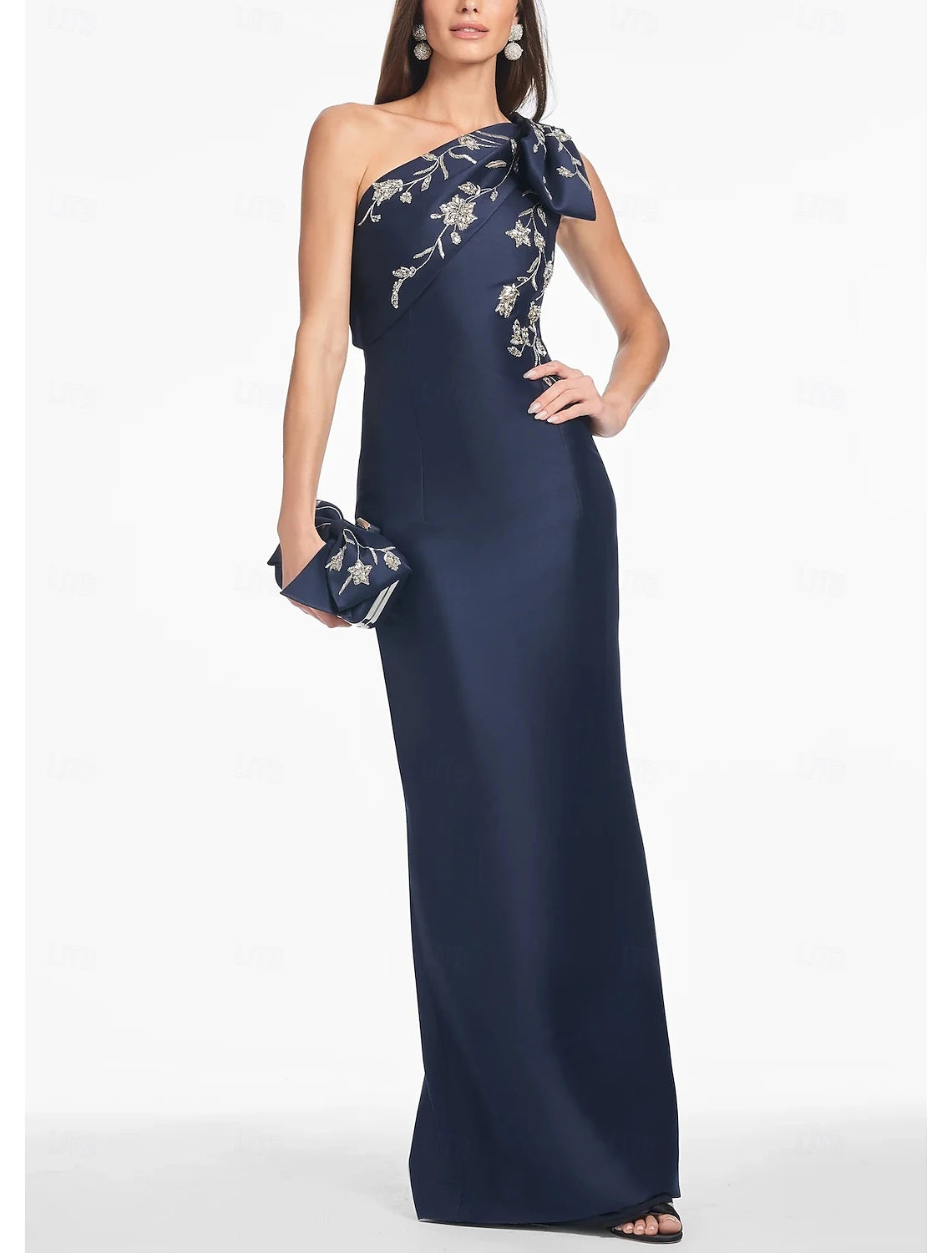 Embroidered Navy Floral Column Evening Gown Elegant Dress Formal Floor Length Sleeveless One Shoulder Satin with Glitter Bow Ruched
