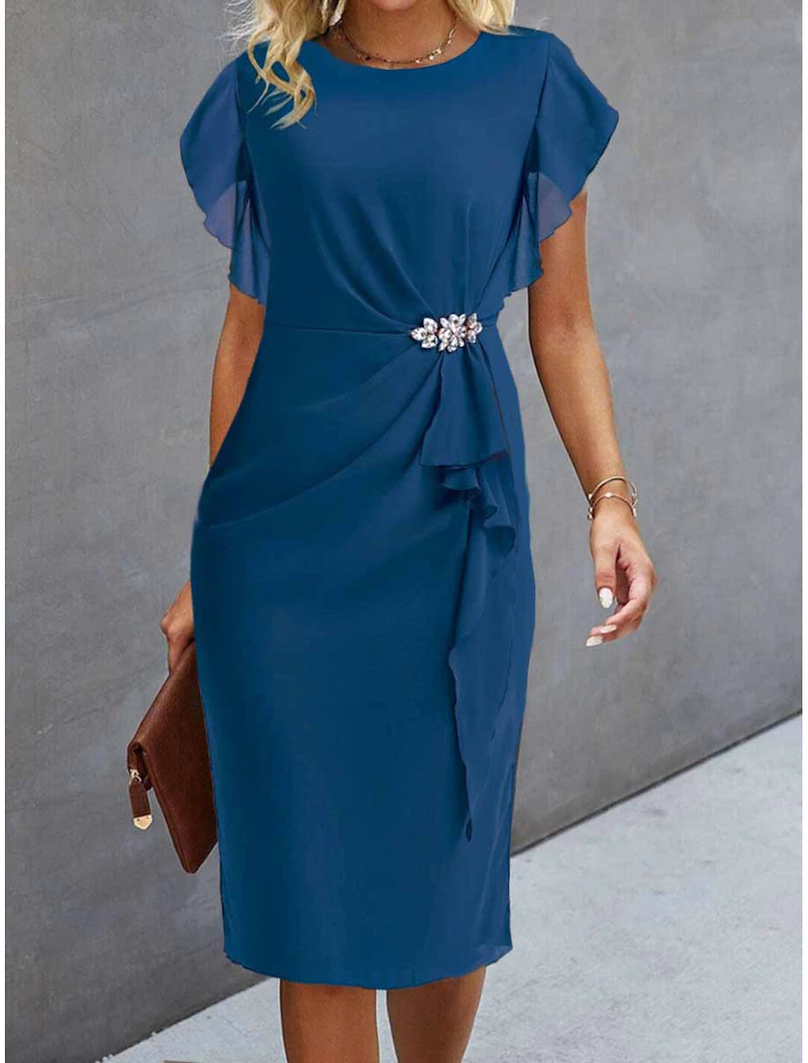 Women's Wedding Guest Cocktail Party Dress Midi Chiffon Dress Wine Blue Green Short Sleeve Solid Color Ruffle Crew Neck Evening Summer Spring Fall