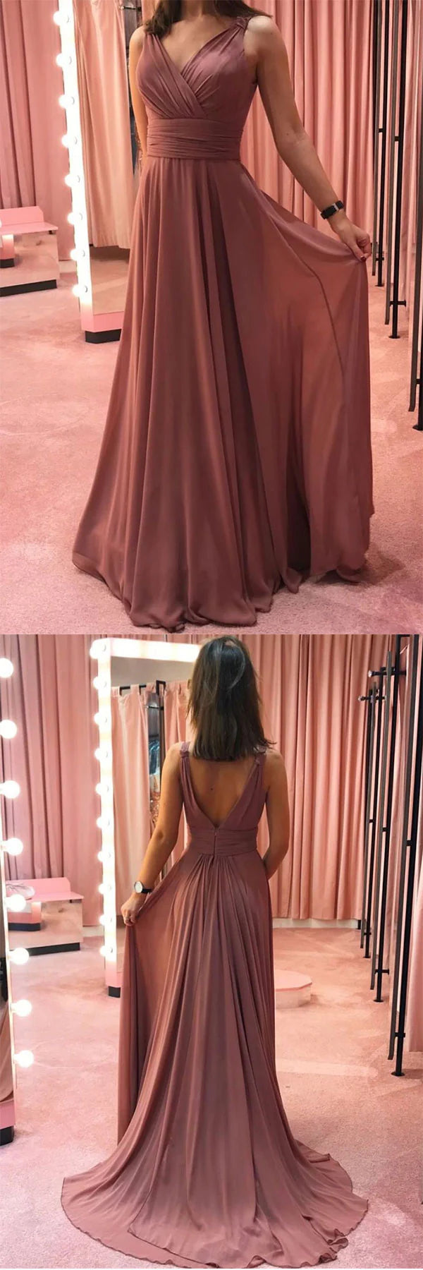 Simple v neck chiffon long prom dress chiffon formal dress