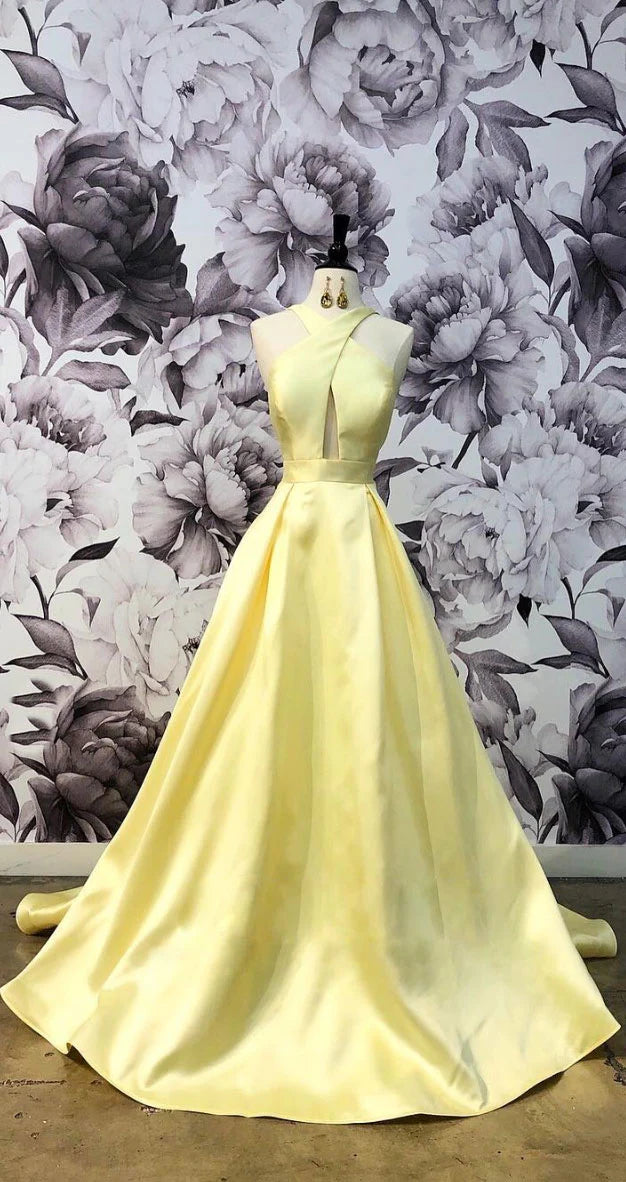 Simple yellow satin long prom dress yellow evening dress