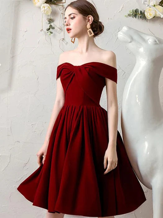 Off the Shoulder Burgundy Short Prom Off Shoulder Burgundy Homecoming Burgundy Formal Graduation Evening