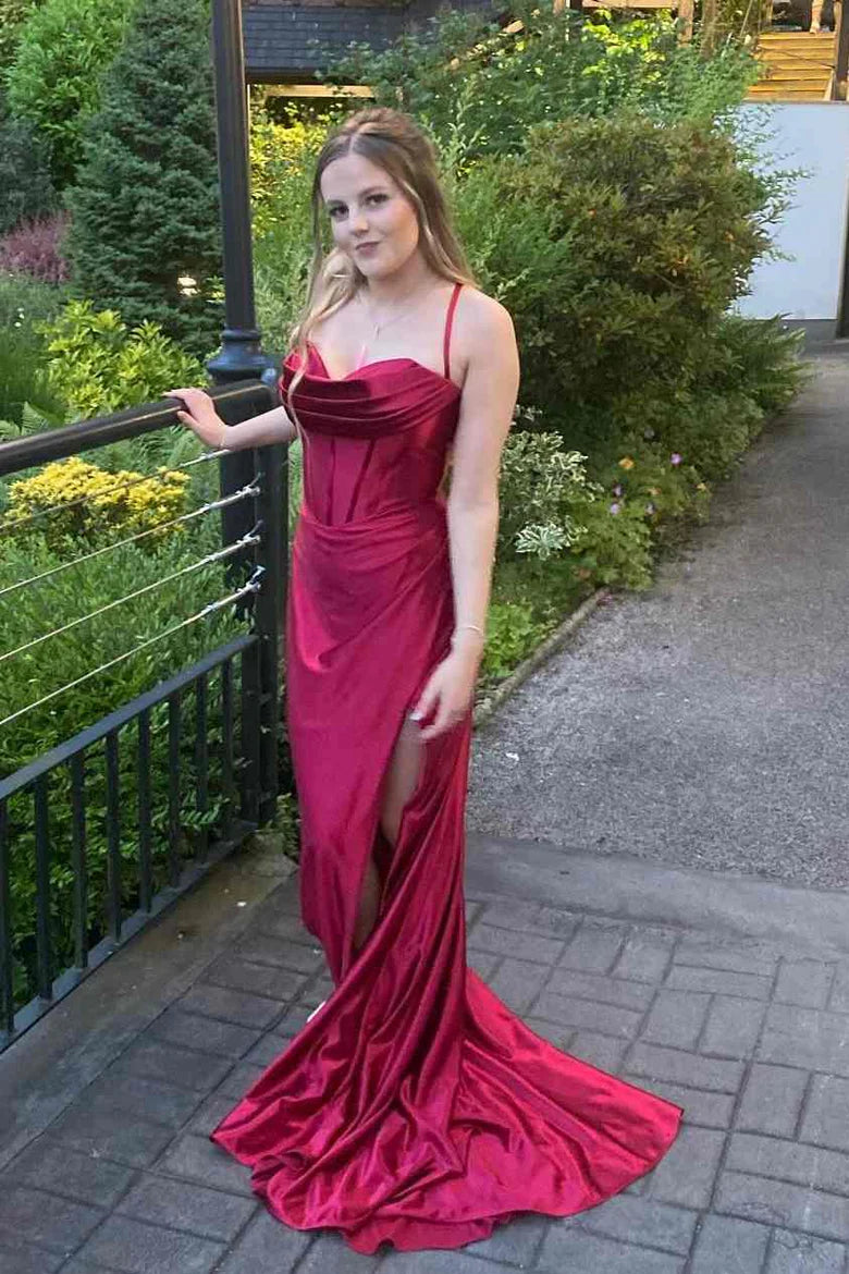 Spaghetti Straps Pleated Satin Sleeveless Mermaid Long Prom Formal Dress