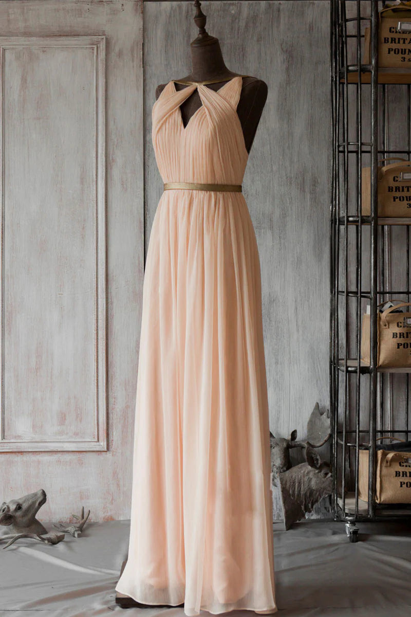 Simple pink chiffon long prom dress bridesmaid dress