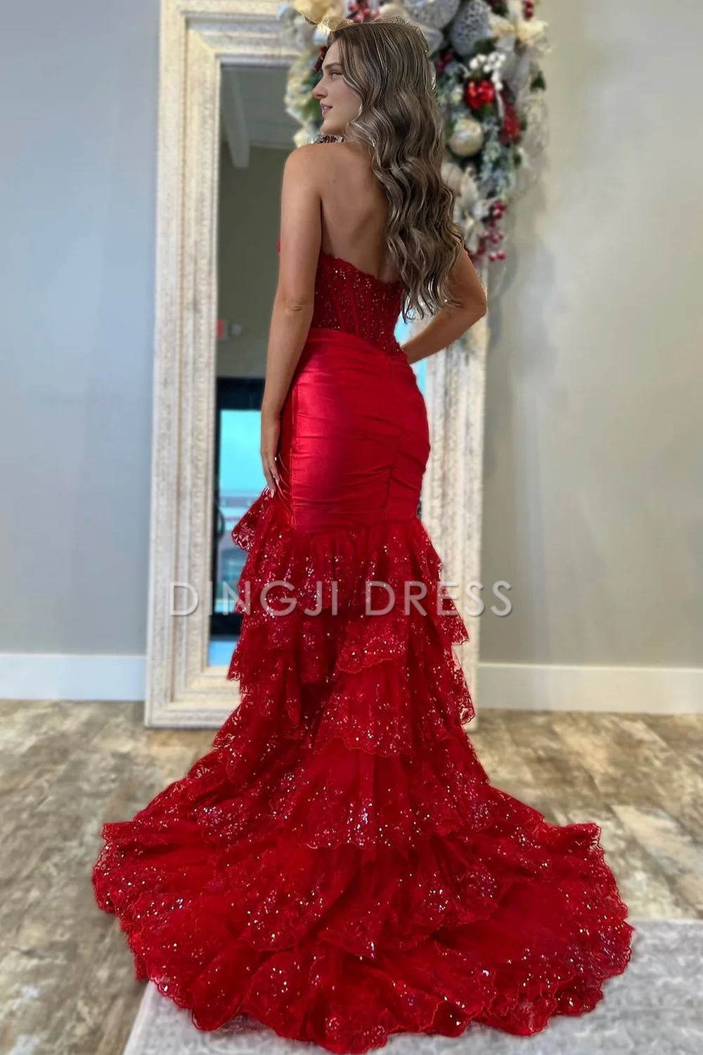 DingJiDress Glitter Mermaid Strapless Long Tiered Layering Sequin Side Fork Luxurious Prom Dress