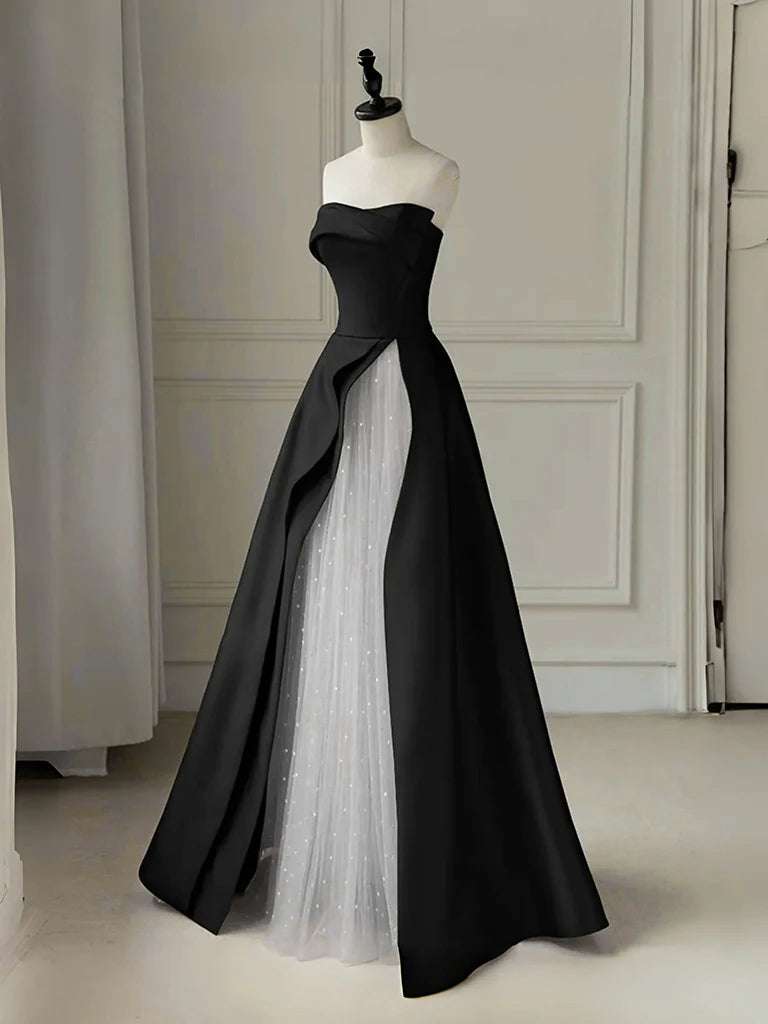 A-Line Tulle Satin Black/White Long Prom Dress Black Long Formal Dress