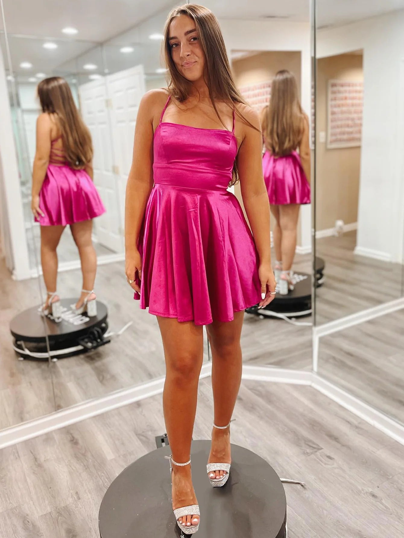 Hot Pink A Line Satin Spaghetti Straps Homecoming Dress