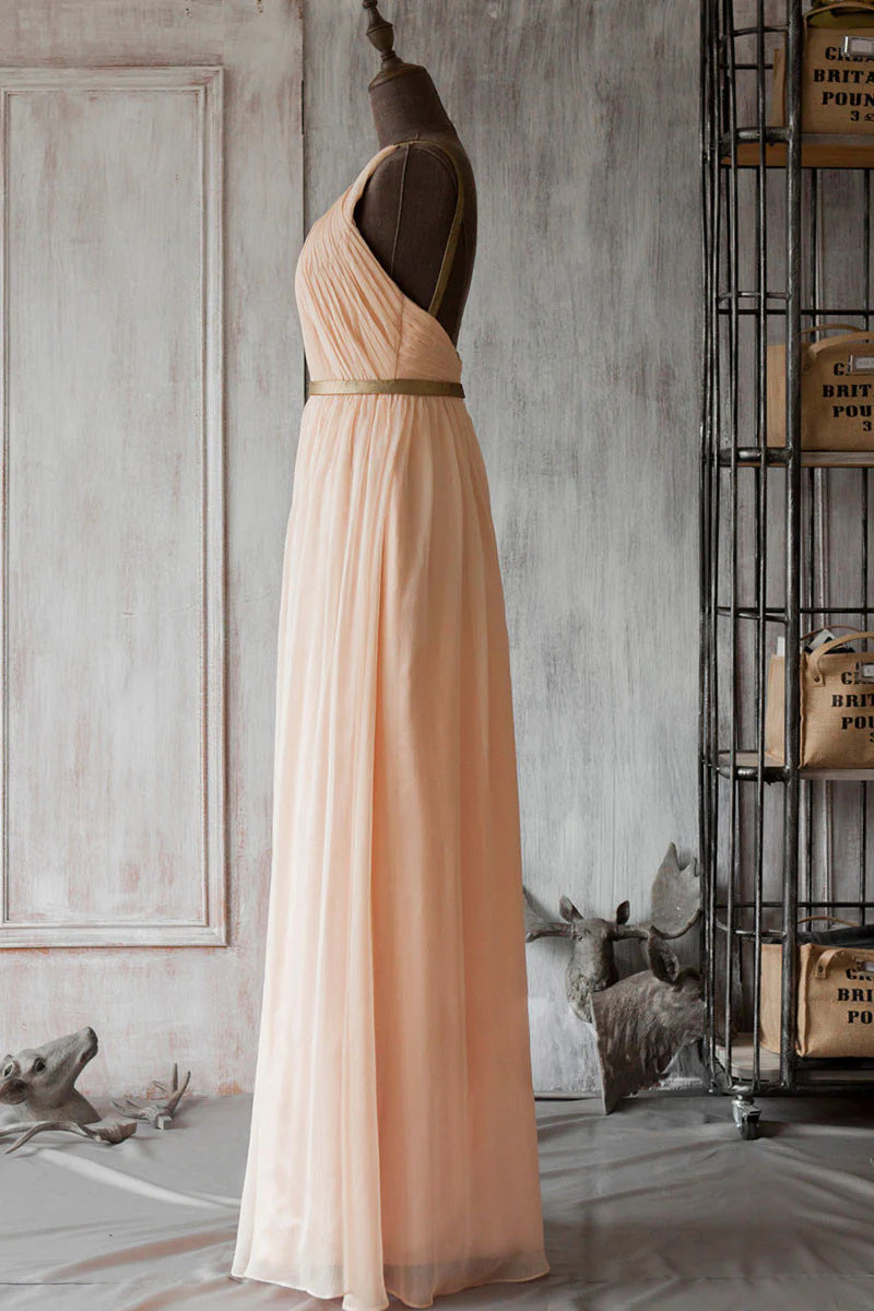 Simple pink chiffon long prom dress bridesmaid dress
