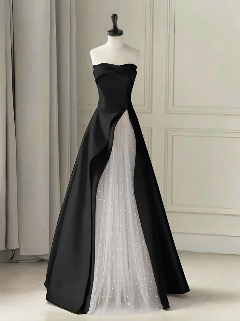 A-Line Tulle Satin Black/White Long Prom Dress Black Long Formal Dress