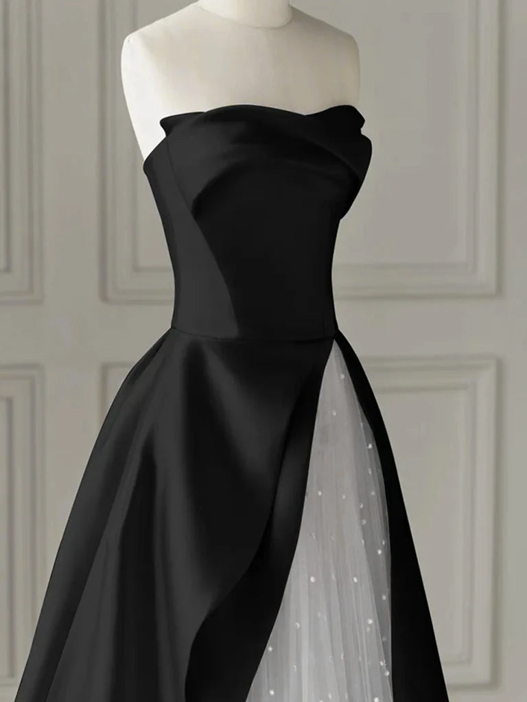 A-Line Tulle Satin Black/White Long Prom Dress Black Long Formal Dress