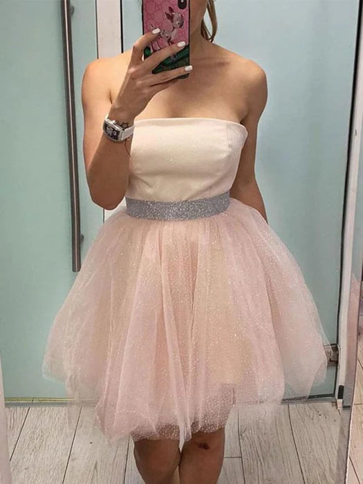 Princess Strapless Short Pink Homecoming Prom with Belt Pink Formal Graduation Evening