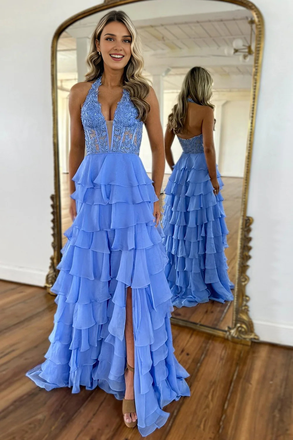 DingJiDress A-Line Halter Neck Lace Top Tiered Chiffon With Slit Long Exquisite Prom Dress