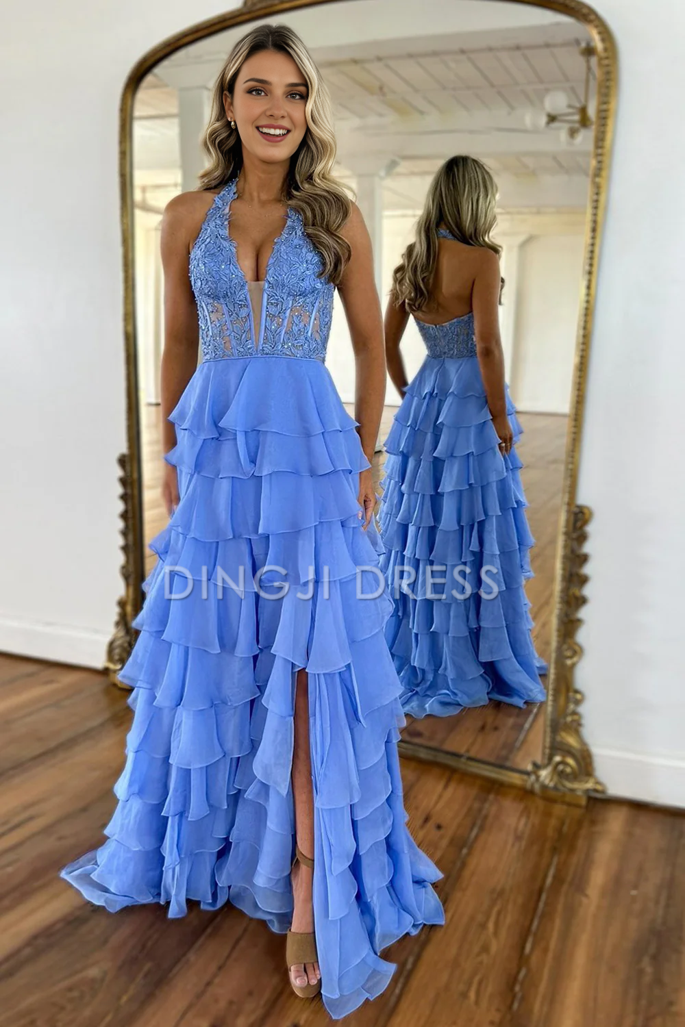 DingJiDress A-Line Halter Neck Lace Top Tiered Chiffon With Slit Long Exquisite Prom Dress