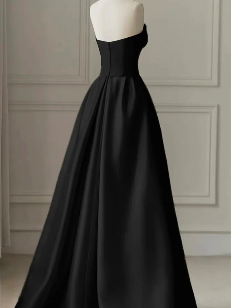 A-Line Tulle Satin Black/White Long Prom Dress Black Long Formal Dress