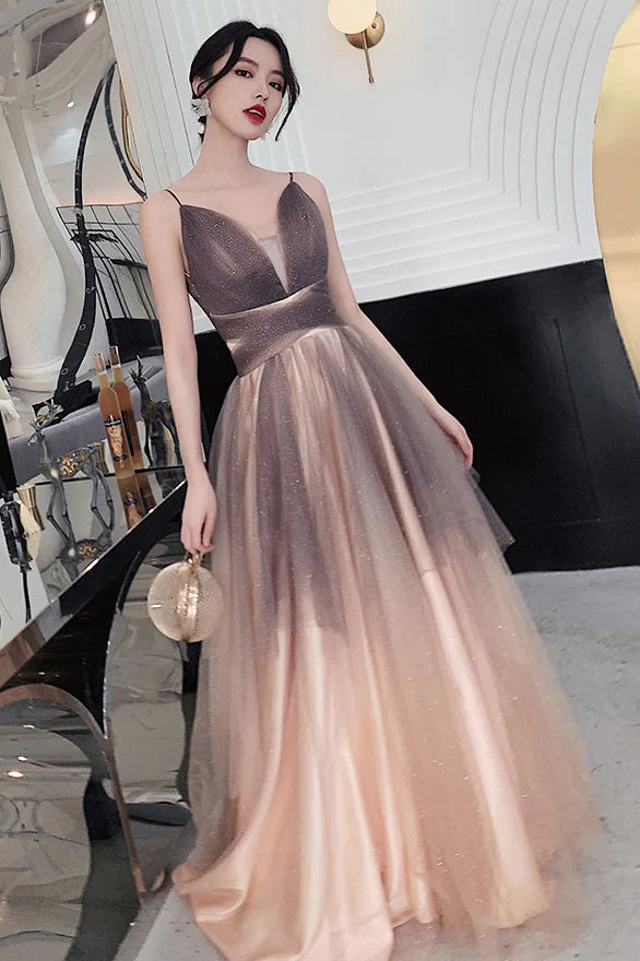 Champagne sweetheart tulle sequin long prom dress formal dress