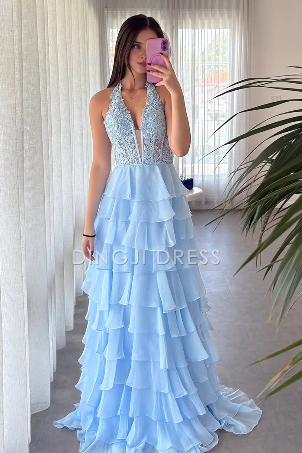DingJiDress A-Line Halter Neck Lace Top Tiered Chiffon With Slit Long Exquisite Prom Dress