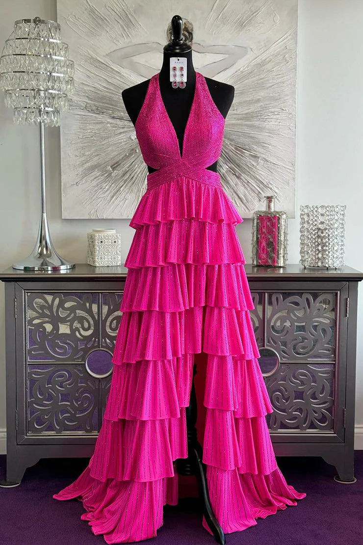 Sparkly A Line Deep V Neck Fuchsia Hot Stone Beading Prom Dress with Slit
