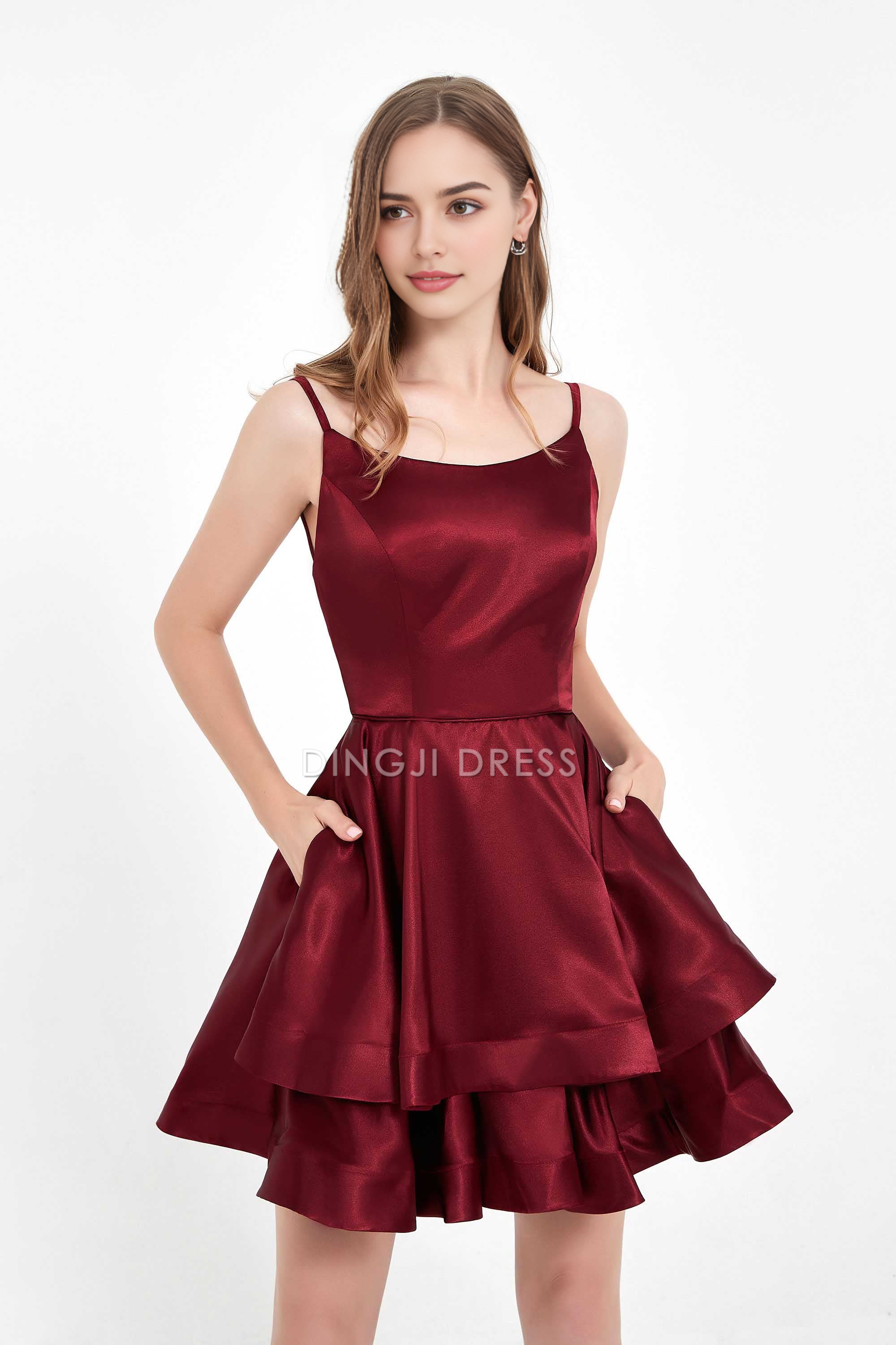 DingJiDress Hot Sale Homecoming Dress Fashion A Line Round Neck Spaghetti Straps Backless Double-Layer Ruched Simple Short Dress