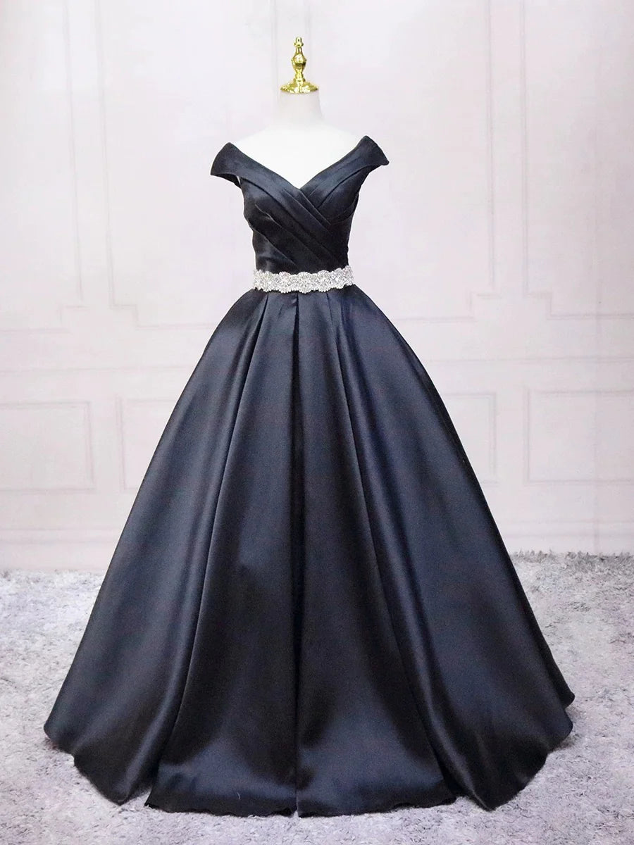 A-Line V Neck Satin Black Long Prom Dress Black Long Evening Dress