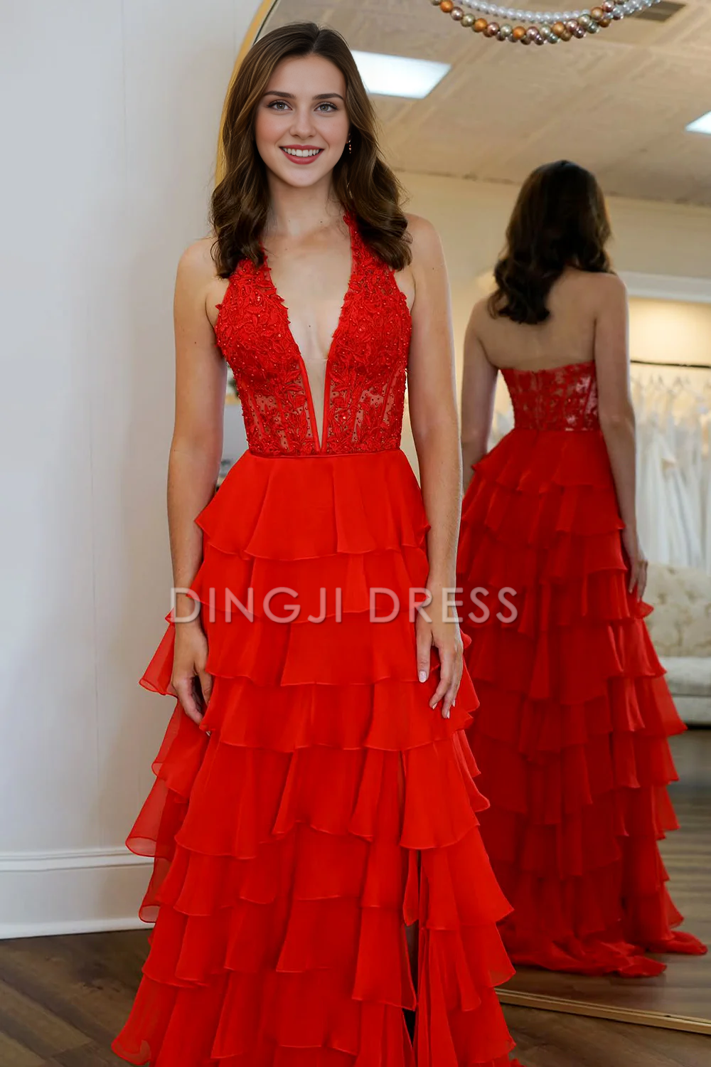 DingJiDress A-Line Halter Neck Lace Top Tiered Chiffon With Slit Long Exquisite Prom Dress
