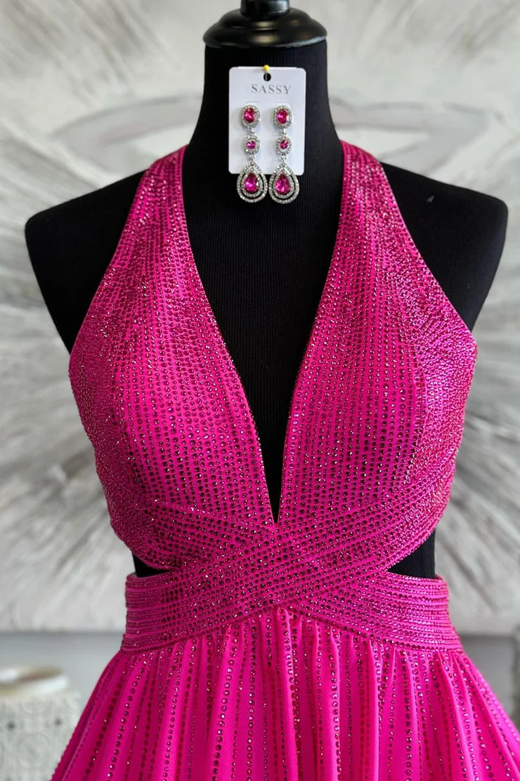 Sparkly A Line Deep V Neck Fuchsia Hot Stone Beading Prom Dress with Slit