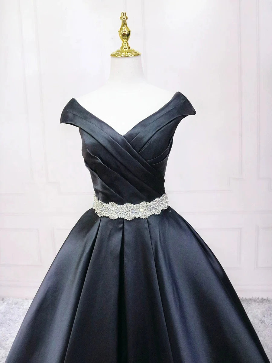 A-Line V Neck Satin Black Long Prom Dress Black Long Evening Dress