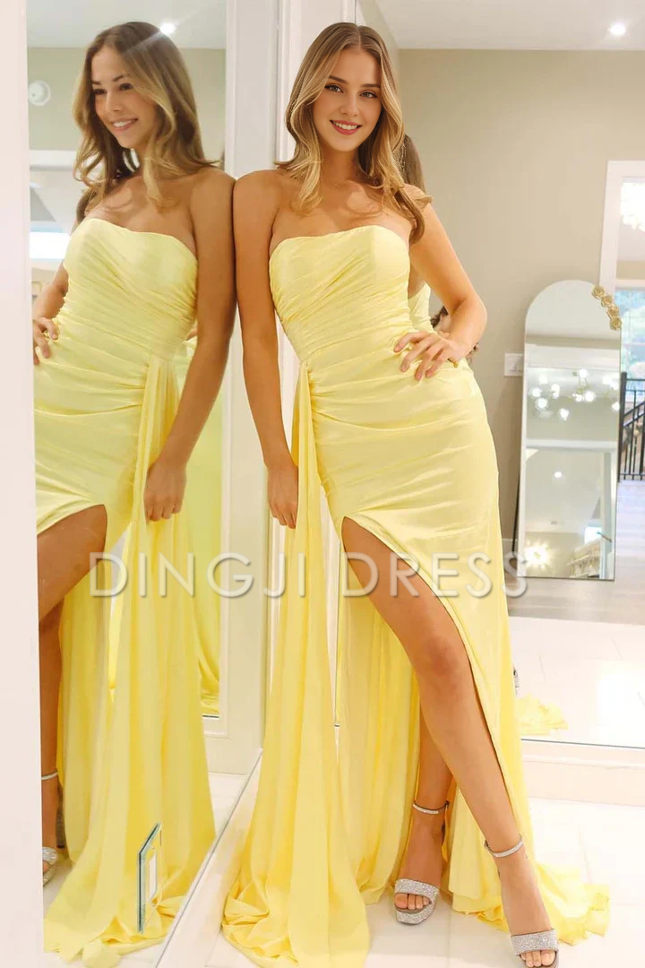DingJiDress Stylish Mermaid Strapless Pleated Long with Split Front Elegant Prom Dress