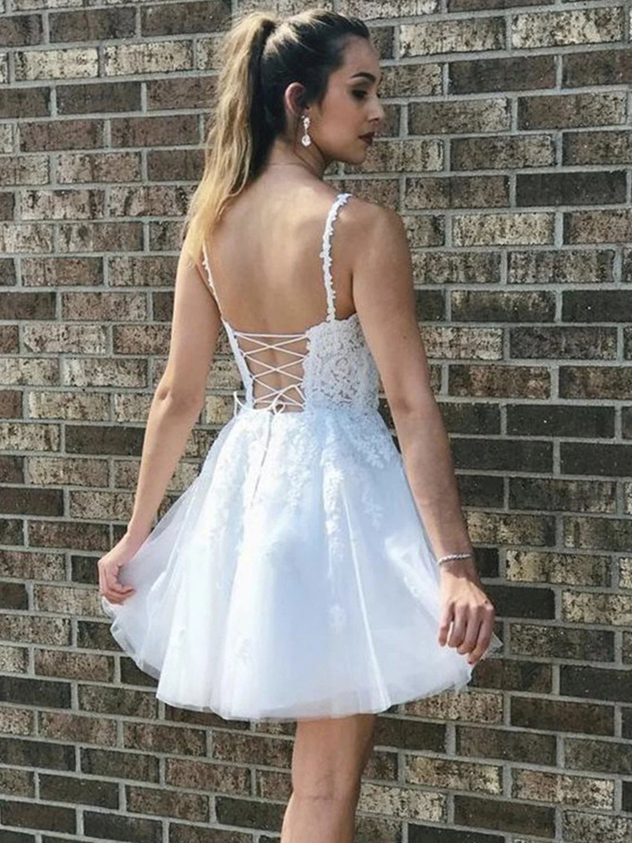 White lace v neck tulle short prom dress  white tulle lace homecoming dress