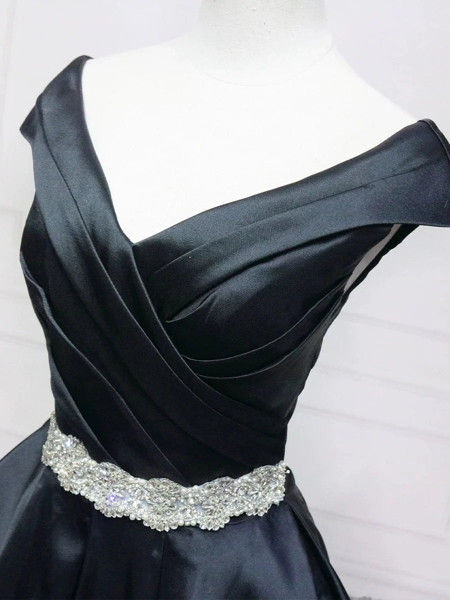 A-Line V Neck Satin Black Long Prom Dress Black Long Evening Dress