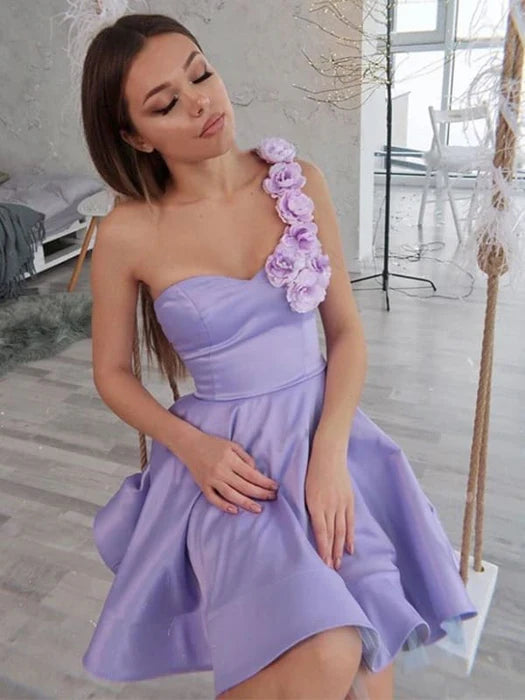 One Shoulder Floral Short Purple Prom Flowers Purple Homecoming Purple Formal Evening