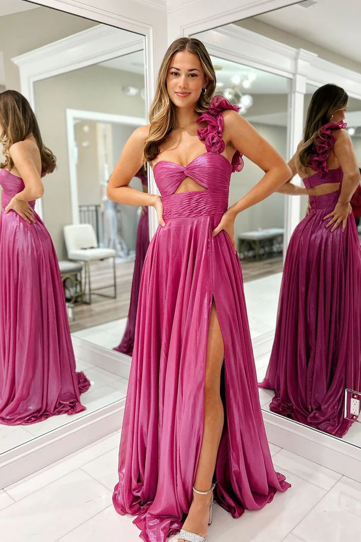 A Line One Shoulder Fuchsia Sparkly Satin Long Prom Dress with Slit