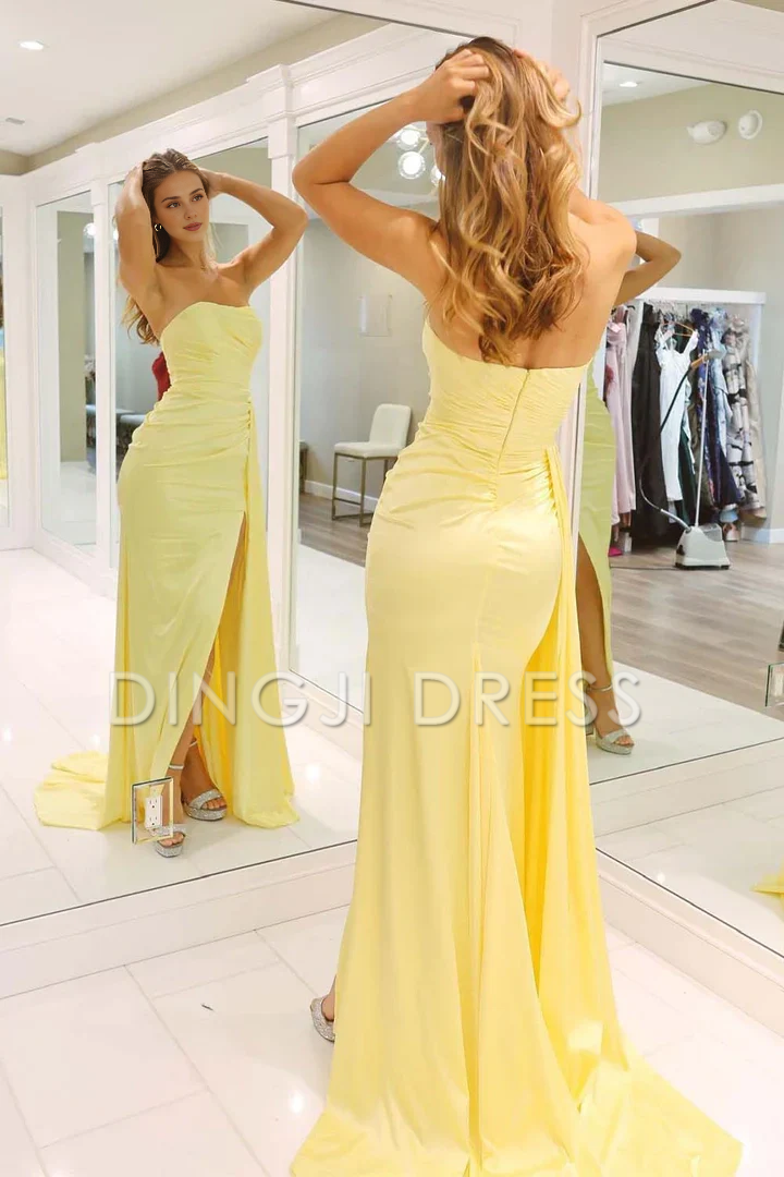 DingJiDress Stylish Mermaid Strapless Pleated Long with Split Front Elegant Prom Dress
