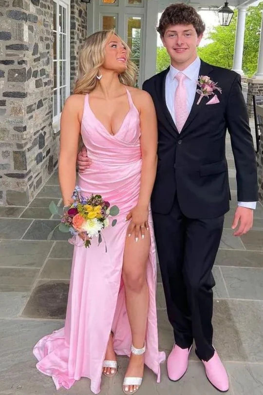 Satin V-Neck Pleated Side Slit Sleeveless Long Prom Formal Dress